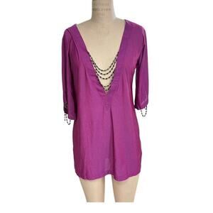 Beach Bunny Jeweled Swim Coverup Size Small‎ 3/4 Sleeves Magenta